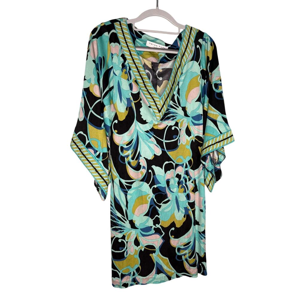 Trina Turk bell sleeve silk floral blue and green‎ mini dress groovy